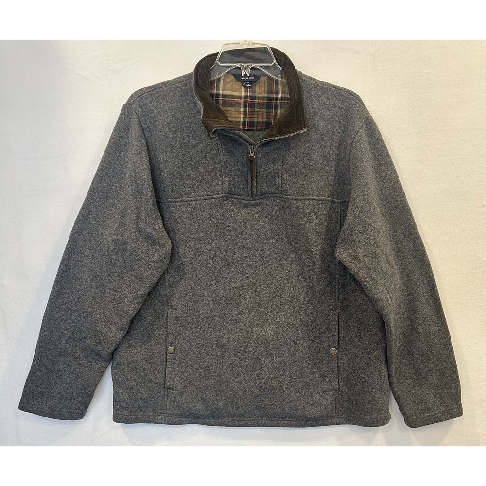 Lands End Gray Fleece Lined 1/4 Zip Pullover‎ Brown Corduroy Collar Sz XL 46-48